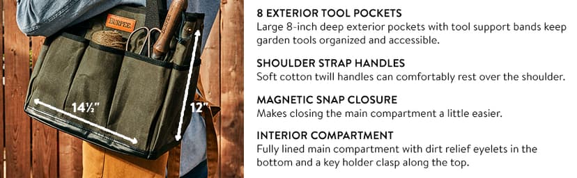Burpee Waxed Canvas Garden Tool Tote | Heavy-Duty Tote Bag Storage Organizer for Gardening Tools | Great Gift for Gardeners | Canvas Tote Bag Caddy 8 Exterior Pockets for Tool Storage, 12" H x 14.5" W