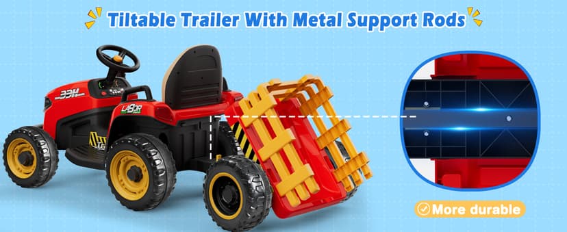 24V Ride On Tractor w/Tiltable & Detachable Trailer, 2x65W Motors, EVA Tires, Remote Control, Bluetooth, Shifter, Music, Electric Car for Kids Ages 2-5, Red