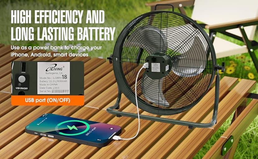 iLiving 18" Rechargeable Battery Operated Camping Floor Fan, High Velocity Portable Outdoor Fan with Metal Blade, With Built-in Lithium Battery for Whole Day Usage, 18 Inches, Military Green