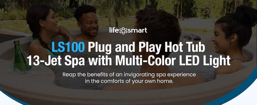 LifeSmart 4-Person Hot Tub, Outdoor Spa with Cover and LED Lights, Square, Beige - Above-Ground Spa Machine with Accessories for Home and Personal Relaxation