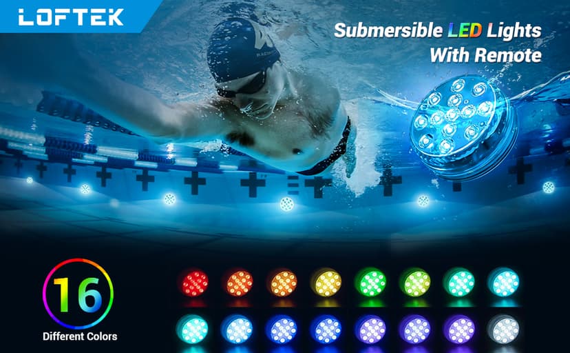 LOFTEK Submersible LED Lights with Remote, 13 LED Pool Lights for Inground Above Ground Pool with Magnets &Suction Cups,16 Color Changing Underwater Light for Ponds Battery Operated, 1 Pack