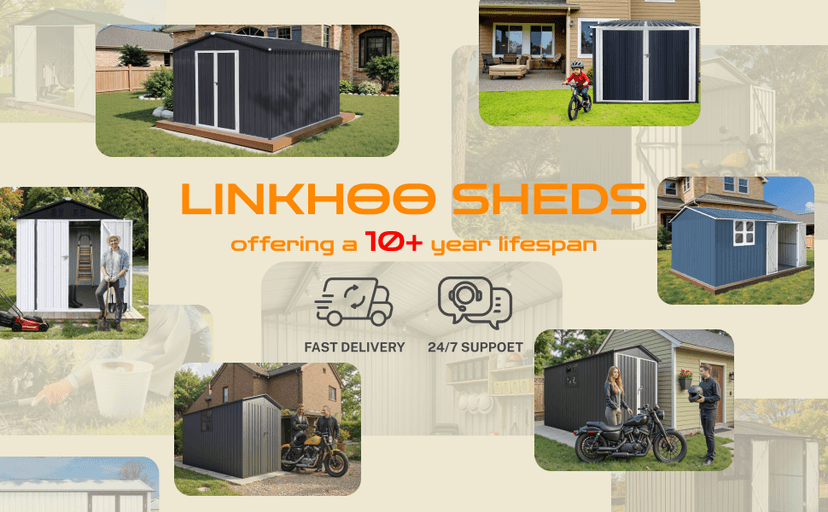 6’ x 6’ Bike Storage Shed, Bicycle Metal Shelter & Garage w/ 4 Rails and Lockable Door, Heavy Duty Bicycle Storage Shed for All Weather, Anthracite with White Trim