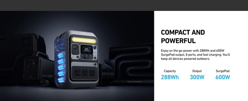 Anker SOLIX C300 Portable Power Station, Outdoor 288Wh LiFePO4 Battery, 300W (600W Surge) Solar Generator, 140W Two-Way Fast Charging, for Camping, Traveling, and Emergencies (with 60W Solar Panel)