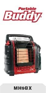 Mr. Heater Portable Buddy Heater MH9BX 4,000-9,000 BTU Indoor-Safe Propane Radiant Heater For Campers, Workshops, Job Sites, Patios & More - Red, Black