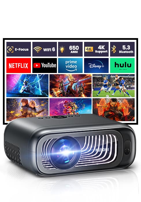 FUDONI Projector with WiFi and Bluetooth, Outdoor Portable 4K Support Projector 18000L HD 1080P Max 300" Display Zoom, Movie Video Home Theater Projector Compatible w/HDMI/USB/Phone/Laptop/TV Stick