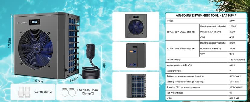 16000 BTU Swimming Pool Heat Pump 5000 Gallon Electric Pool Heater for Above Ground Pool 5KW Heating or Cooling WiFi Control Timer Pool Heater 120V 60Hz