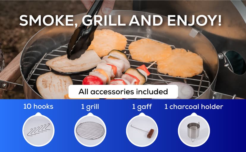 Universal 20-pound Stainless Steel (25-servings) Charcoal Barrel Smoker with Thermometer & Airlock system - 20.5"x 29.6" x ⌀15.5", 2 in 1 Vertical Grill and Smoker, Slow Cooking Barrel