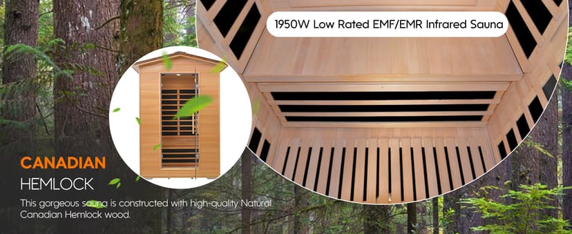 Outdoor Sauna 2 Person Far Infrared Saunas Dry Home Sauna Room Hemlock 1 to 2 Person Wood Sauna 1950W/110V Low EMF with Bluetooth Speaker, Reading Light, Cup Holder and Towel Rack - 47*39*82 IN