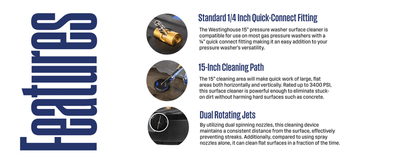Westinghouse Universal 15” Pressure Washer Surface Cleaner Attachment - 3400 Max PSI, 1/4” Connector - For Gas and Electric Pressure Washers