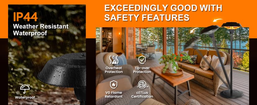 Star Patio Electric Outdoor Heater, Freestanding Patio Heater, Infrared Heater, Hammered Bronze Finished, Tip-Over Protection, Adjustable Height and Silent Heating Heater, ZHQ1566-C-SN12024