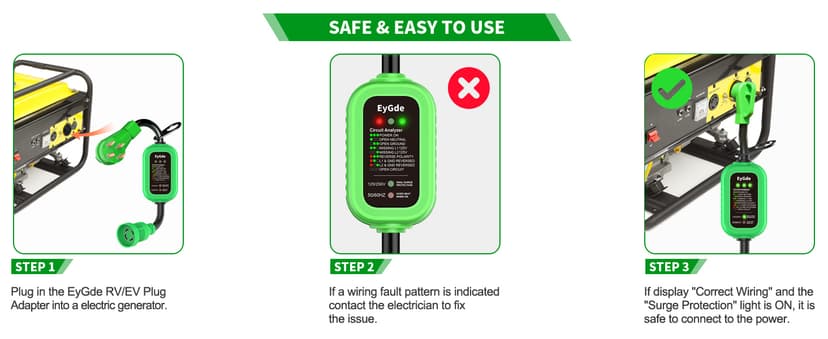 EyGde 50 Amp to 4 Prong 30 Amp Generator Adapter with Surge Protector - Patented NEMA 14-50P Twist Lock Male to L14-30R Female Plug, STW Cord with Circuit Analyzer for Generator