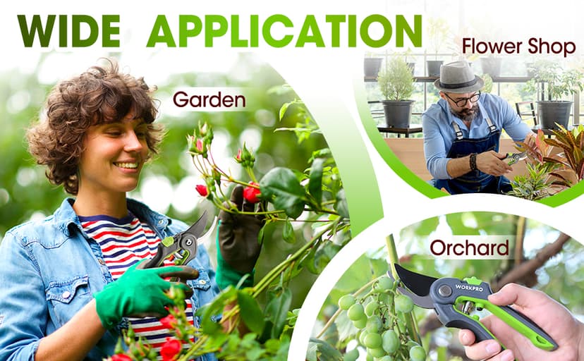 WORKPRO Bypass Pruning Shears, 8’’ Stainless Steel Gardening Hand Pruner, Professional Garden Trimming Scissors with Sharp SK5 Steel Blades, Ideal Garden Tool,Green