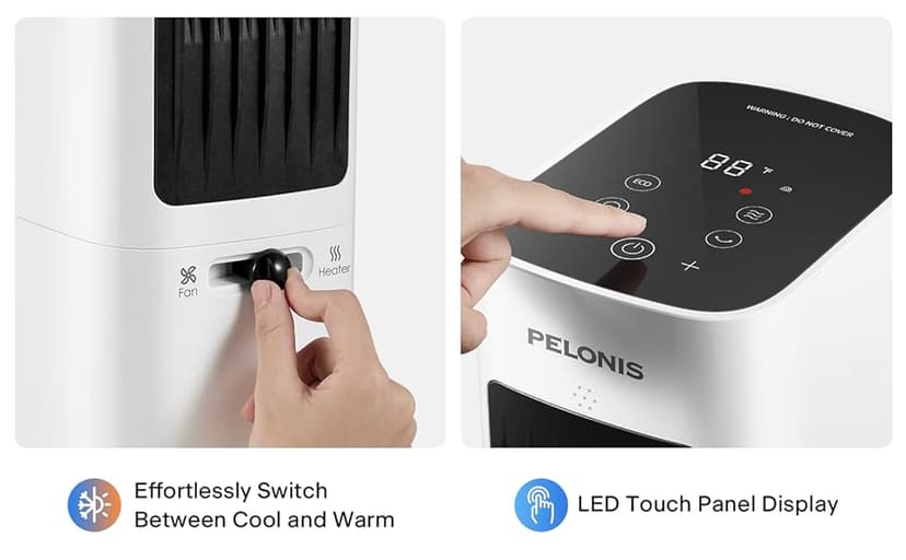 PELONIS Oscillating Tower Fan and Heater Combo with Remote Control - Heater Fan Combo for Indoor Use – 3 Fan and 2Heater Speeds, 12-HR Timer, ECO Mode, Tip Over and Overheat Protection, White