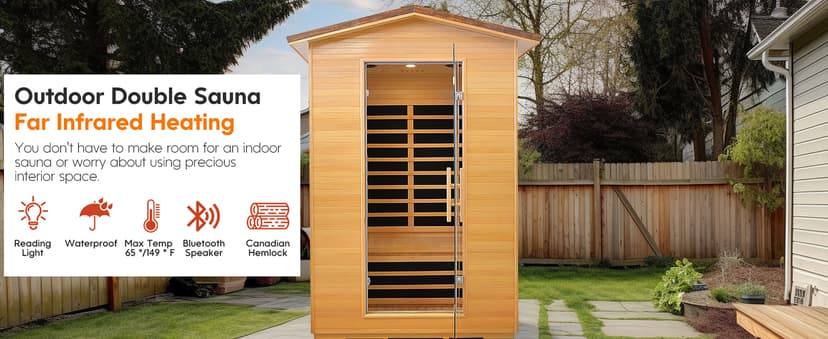 Outdoor Sauna 2 Person Far Infrared Saunas Dry Home Sauna Room Hemlock 1 to 2 Person Wood Sauna 1950W/110V Low EMF with Bluetooth Speaker, Reading Light, Cup Holder and Towel Rack - 47*39*82 IN