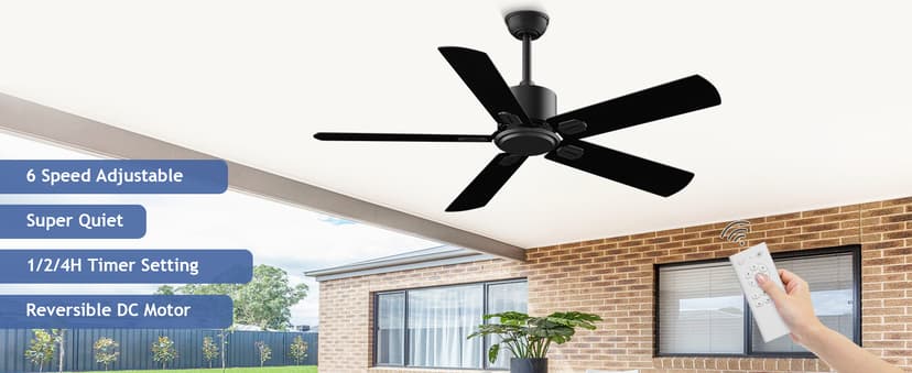 52 Inch Ceiling Fan No Light - Outdoor Indoor Flush Mount Low Profile DC Motor Fan with Remote, 5 Blades Reversible Silent Fan for Patio, Bedroom, Living Room, Garage
