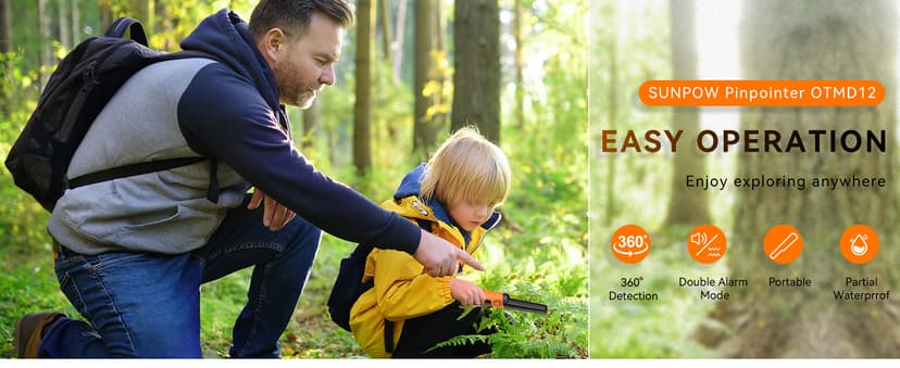 SUNPOW Metal Detector Pinpointer for Adults & Kids - Waterproof Handheld Pin Pointer Wand - High Sensitivity 360° Detection - Easy to Use 2 Alert Modes - Treasure Pinpointing Finder Probe - OTMD12