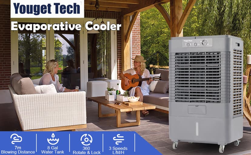 37" Evaporative Air Cooler 3000 CFM, 8 Gal Water Tank, 3 Speeds, Oscillating Cools up to 720 Sq. ft, Portable Industrial Swamp Water Cooler for Outdoor Commercial Factory - Gray