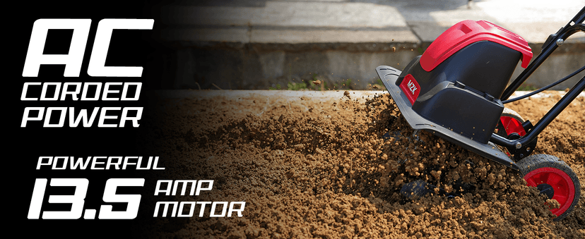 MZK 16-Inch 13.5-Amp Corded Electric Tiller/Cultivator, 8-inch tillling Depth with Adjustable Wheels, Foldable Electric Rototiller for Garden Soil Digging