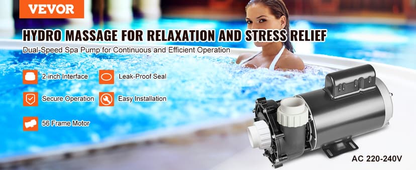 VEVOR 2 Speed SPA Pump, 56-Frame, AC 220-240V Hot Tub SPA Pump, 4HP/210GPM/65.61ft High Speed or 0.7HP/103GPM/16.07ft Low Speed, 2" Port 90° Rotational Interface for Hot Tub, Tested to UL Standards