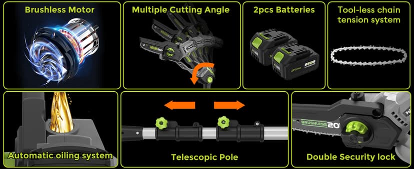 2-in-1 Cordless Pole Saw (2025 Upgraded), 7 Inch Brushless Mini Chainsaw with Extension Pole, Pole Saws for Tree Trimming Battery Powered with 2x 20V 4000 mAh Battery, 16ft Reach Electric Pole Saw
