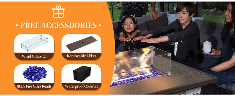 43" Propane Fire Pit Table Outdoor Rectangular Stone Firepit Table 50000 Btu Propane Fire Tables for Outside Patio with Glass Wind Guard, Lid, Fire Glass Beads, Pizzello Caldo (Gray Stone)