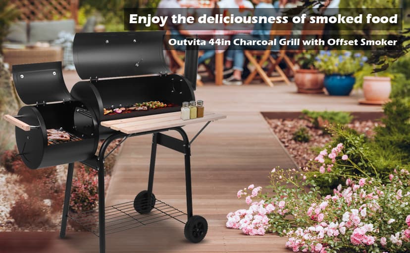 Outvita Charcoal Grill and Offset Smoker, Outdoor Patio Barbecue Cooker with Wheels, Portable Backyard BBQ Oven with Side Fire Box for Camping, Picnic, Party