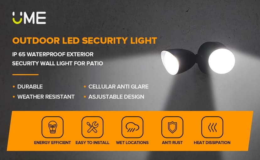 UME 2-Packs 2500 Lumen 32 Watt 28 LED Dual-Head Floodlight Outdoor, Full Metal Design, Waterproof Exterior Security Wall Light 5000K for Patio, Garden, Yard-Black