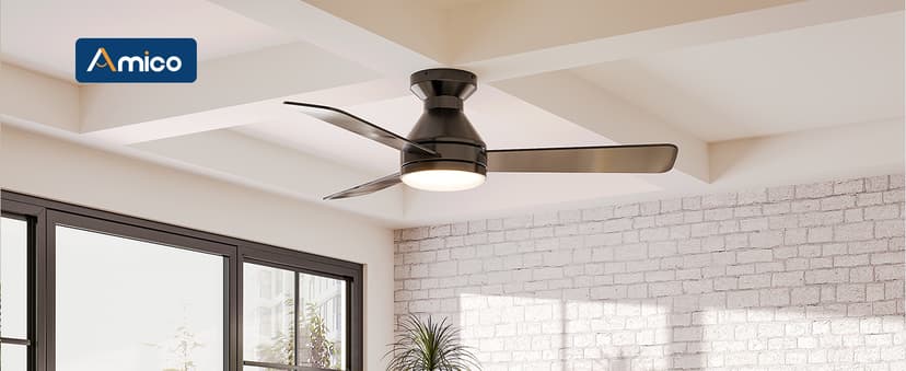 Amico Ceiling Fans with Lights, 42 inch Low Profile Ceiling Fan with Light and Remote Control, Flush Mount, Reversible, 3CCT, Dimmable, Noiseless, Black Ceiling Fan for Bedroom, Indoor/Outdoor Use