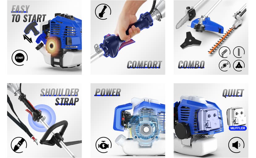 26cc Weed Wacker Gas Powered, String Trimmer/Edger, Pole Saw, Hedge Trimmer and Brush Cutter Blade, 4-in-1 Multi Yard Care Tools, Rubber Handle & Shoulder Strap Included