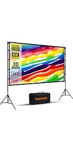 Projector Screen and Stand, Towond 120 inch Portable Projector Screen Indoor Outdoor Movie Screen 16:9 4K HD Wrinkle-Free Lightweight Projection Screen with Carry Bag for Backyard Movie Night