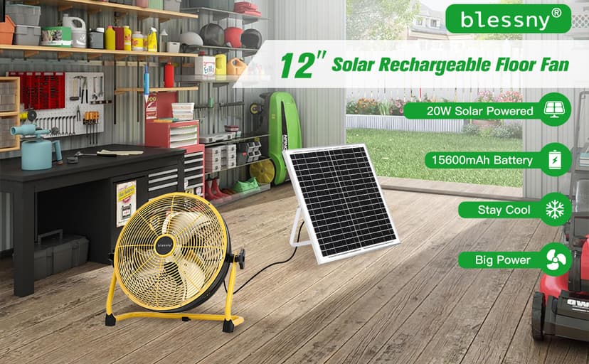 16" Large Solar Rechargeable Floor Fan, 15600 mAh 20W Solar Powered Portable Battery Fan for Home Outdoor Camping Gazebo Chicken Coop Greenhouse Barn, with 360° Adjust Tilt