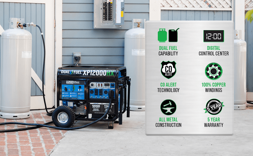 DuroMax XP12000HX 12,000-Watt Dual Fuel Portable Generator - Gas & Propane, Electric Start, Whole Home Power Backup, Transfer Switch Ready, RV & Emergency Ready