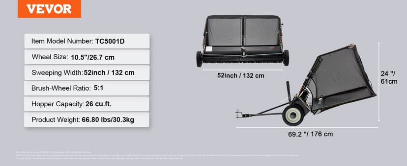 VEVOR 52 Inch Lawn Sweeper Tow Behind, 26 cu.ft. Large Pull Behind Grass Sweeper, Heavy Duty Leaf & Grass Collector with Dumping Rope Design, Adjustable Sweeping Height for Picking Up Debris & Grass