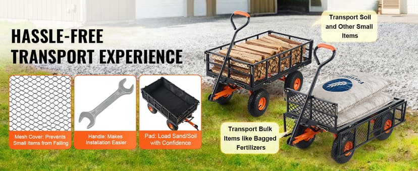 VEVOR 880lbs Steel Garden Dump Cart Utility Wagon, Heavy Duty Yard Dump Wagon Cart with Removable Sides, Pullable Handle, Utility Liner, 10in All Terrain Wheels