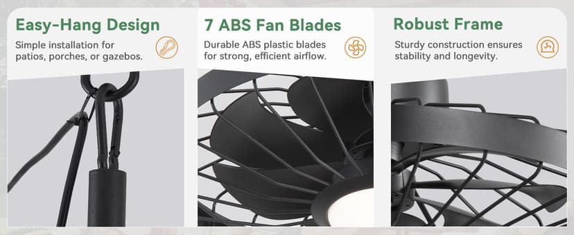 LEDIARY 20" Outdoor Ceiling Fan with Lights,IP65 Waterproof Gazebo Hanging Fan with Remote Control Smart App, Plug in Caged Ceiling Fan with 3CCT 6-Speeds for Patio Porch Pergola(Black)