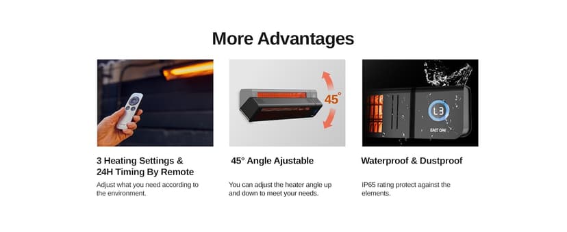 EAST OAK Electric Patio Heater for Commercial Use, 3000W Wall Mounted Electric Infrared Heater, Outdoor Heaters for Patio Deck, Outdoor Heater with IP65 Waterproof Remote Control Black 240V