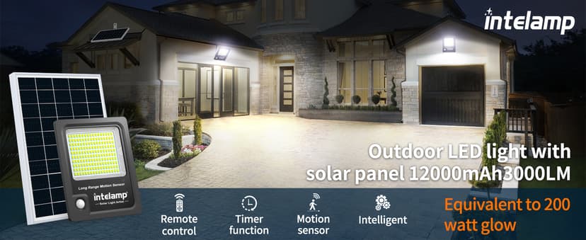 intelamp Solar Flood Lights Outdoor Waterproof, Linkable 12000mAh 3000LM Motion Sensor Floodlight with Remote Countrol Sensor Case 16.4Ft Cable, Dusk to Dawn Lighting Lamp for Street Outside House