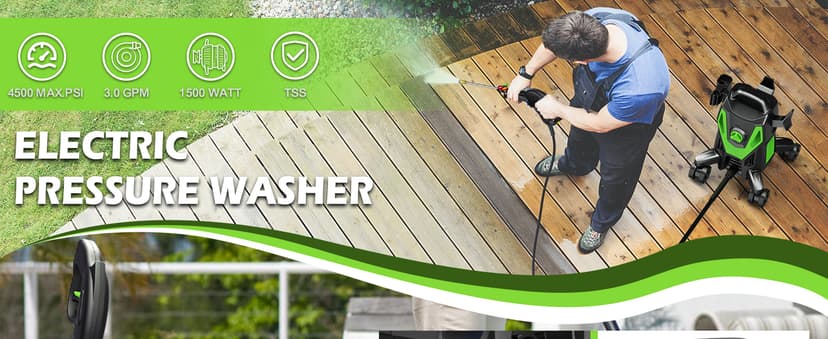 Electric Pressure Washer - 4500PSI 3.0GPM Power Washer with 500ML Foam Cannon, 4 Nozzle Tips, with 4-Wheel Anti-Tip Technology, 360° Swivels High Pressure Cleaning Machine for Cars, Driveways, Patios