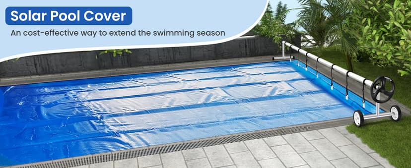 Goplus Pool Cover, 16 x 32 FT Solar Blanket with Carrying Bag for In-Ground and Above-Ground Swimming Pools, Rectangle Hot Tub SPA Thermal Blanket, Blue Bubble