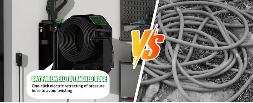 Buyplus Wall Mounted Pressure Washer, 5200PSI 3.2GPM Electric Power Washer, Remote Controlled with 100FT Retractable Hose, GFCI Power Cord, Foam Cannon, 5 Nozzles for Cars, Driveways, Patios, Black