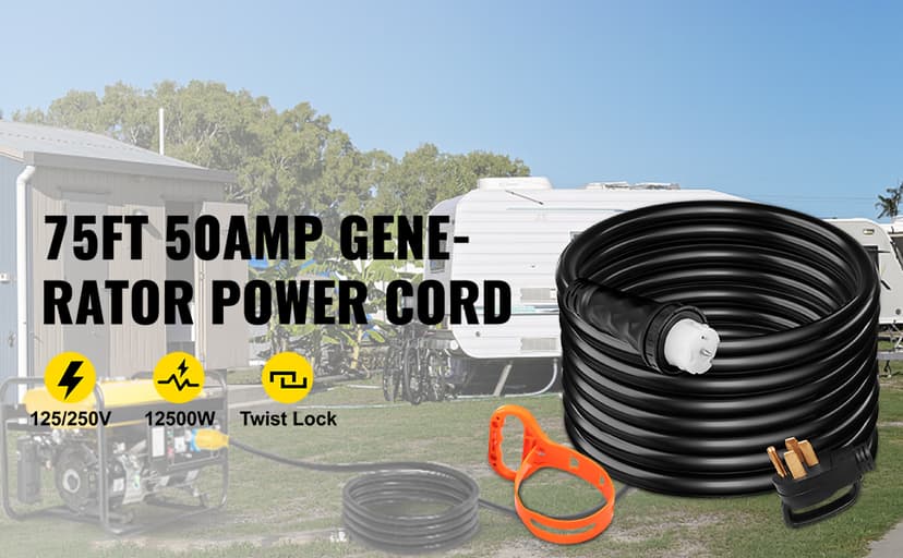 Vevor 75Ft 50 Amp Generator Extension Cord 4 Wire 8 Gauge Generator Cord 125V 250V Generator Power Cord N14-50P & SS2-50R & CS6364 Twist Lock Connectors : Everything Else