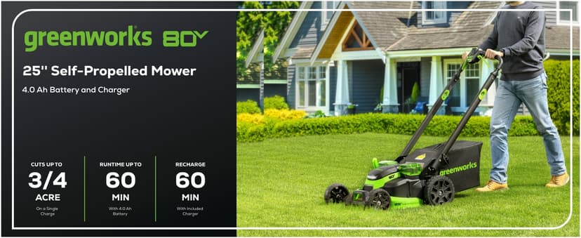 Greenworks 80V 25" Brushless Cordless (Self-Propelled) Dual Blade Lawn Mower (LED Headlight + Aluminum Handles), 4.0Ah Battery and Rapid Charger Included