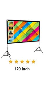 Projector Screen with Stand, Wootfairy 120 inch Portable and Foldable Indoor Outdoor Projection Screen 16:9 4K HD Rear Front Wrinkle-Free Movie Screen with Carry Bag for Home Theater Backyard Cinema