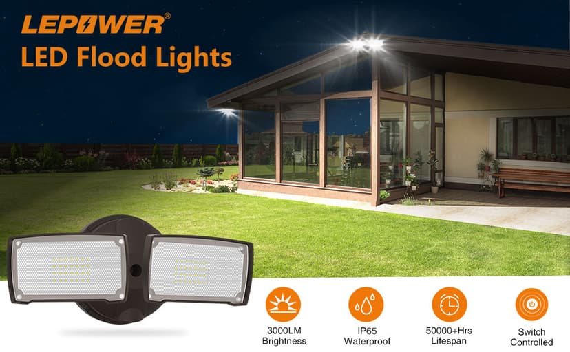 LEPOWER 3000LM LED Flood Light Outdoor, Switch Controlled LED Security Light, 28W Exterior Lights with 2 Adjustable Heads, 5500K, IP65 Waterproof for Garage, Yard, Patio Brown