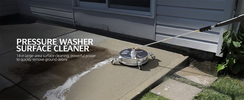14" Pressure Washer Surface Cleaner 4500 PSI with 304 Industrial-Grade Stainless Steel Housing,1/4” Quick Plug, 4 Universal Wheels, 2 x 15 Extended Wands, 2 Replacement Nozzles, 4 Spray Nozzle Tips