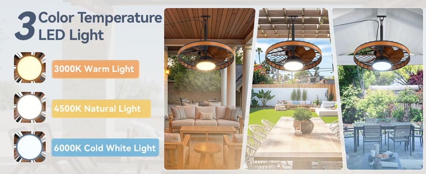 LEDIARY Outdoor Ceiling Fans with Lights, IP65 Waterproof Gazebo Fan with Hanging Hook,6 Speeds, 3CCT, 20 Inch Wet Rated Plug in Ceiling Fan for Patios,Porch, Pergola,Canopy