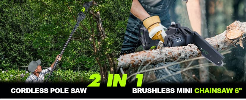 2-in-1 Cordless Pole Saw, 6 Inch Brushless Pole Chainsaws Mini Handheld Chainsaw with 2× 21V Batteries, 6.5lb Lightweight, Auto Oiling, 15 FT MAX Extension Pole Saws for Tree Trimming