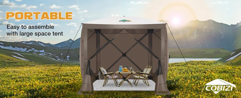 COBIZI Pop Up Gazebo Screen Tent Screen House for Camping, 8FTx8FT Screen Room with Sidewalls and Mosquito Netting, Hub Tent Instant Screened Canopy with Carrying Bag and Ground Stakes, Brown