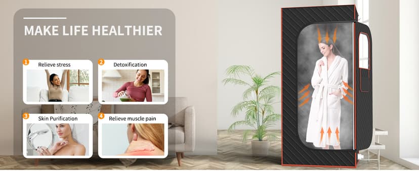 Portable Sauna for Home, Sauna Box Sauna Tent with 3L Steamer, Remote Control, Folding Chair and Foot Pad, Full Size Personal Steam Saunas for Home Spa, 15 Levels, Orange