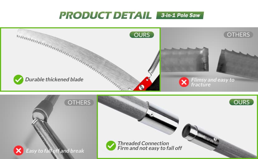 Walensee Pole Saws for Tree Trimming,7.2-27FT Extendable Tree Pruner,Manual Branch Timmer with Blade and Scissors High Branches Pruning Fiberglass Pole Pruner and Cutter Garden Tool with Storage Bag